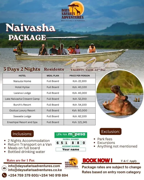 Naivasha Package for Residents, 3 Days 2 Nights