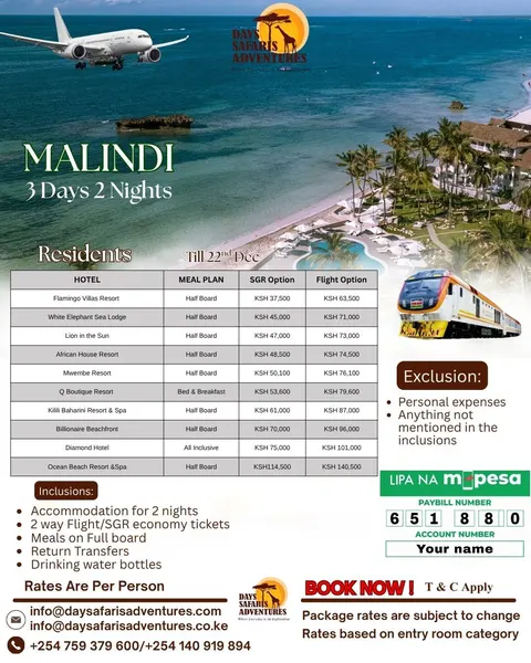 Malindi Package for Residents, 3 Days 2 Nights (SGR or Flight)