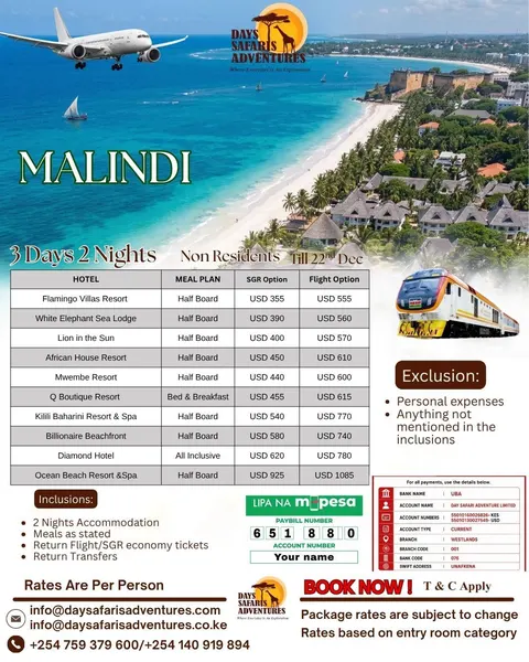 Malindi Package for Non-Residents, 3 Days 2 Nights (SGR or Flight)