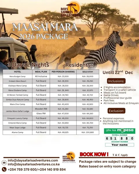 Maasai Mara 2026 Package for Residents, 3 Days 2 Nights