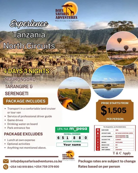 Tanzania North Circuits, 4 Days 3 Nights (Ngorongoro, Tarangire & Serengeti)